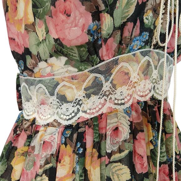 Gunne Sax Black Floral Corset Maxi Dress Size 13 Vintage 70s Prairie Roses Lace - Picture 12 of 15